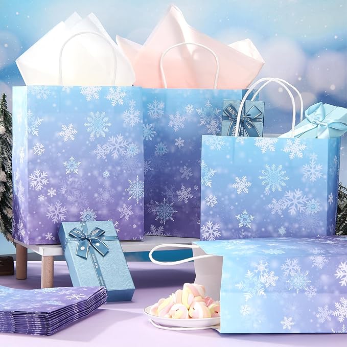 ReliThick 30 Pcs Snowflake Paper Bags Iced Candy Treat Goodie Gift Bags with Handle Blue and Purple Party Favors for Princess Holiday Birthday Wonderland Party Supplies (8.27 x 10.63 x 4.33 inches)