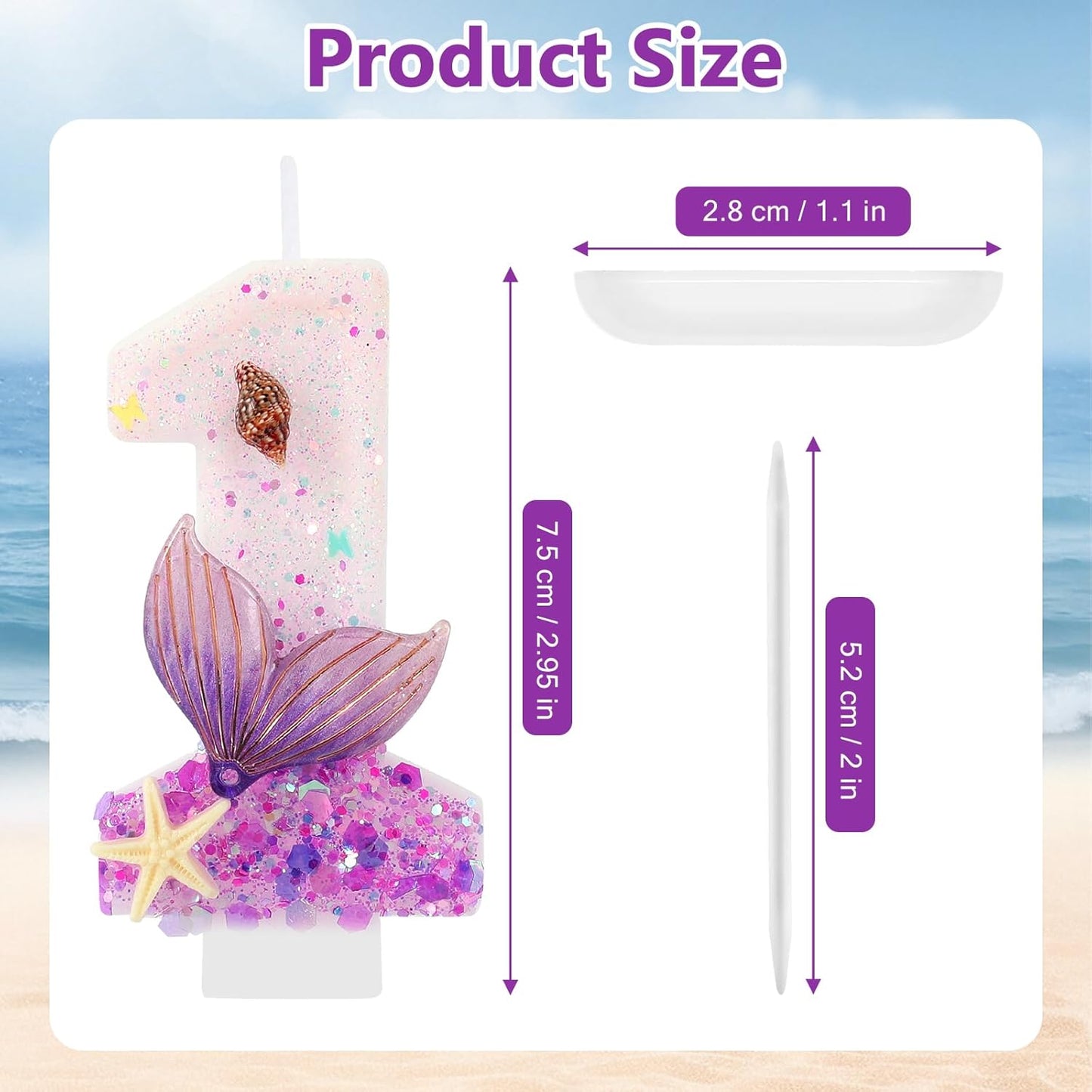 Purple Number 1 Candles Mermaid Birthday Candle 1st Birthday Cake Topper Cupcake Decorations for Girls and Women Party Decor Anniversary Celebrations Supplies Favors