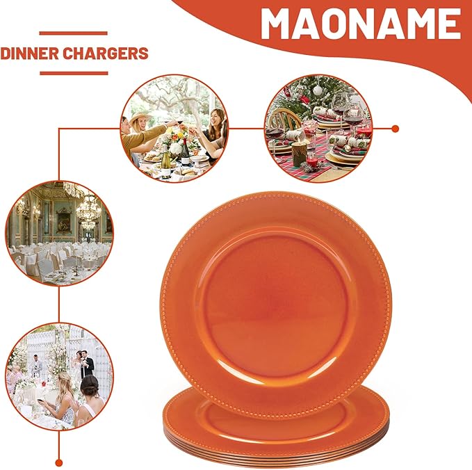 MAONAME Orange Charger Plates, Round Dinner Charger with Beaded, 13 Inch Plastic Plate Chargers for Wedding, Table Decor, Set of 6