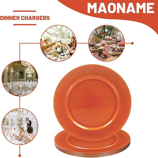 MAONAME Orange Charger Plates, Round Dinner Charger with Beaded, 13 Inch Plastic Plate Chargers for Wedding, Table Decor, Set of 6