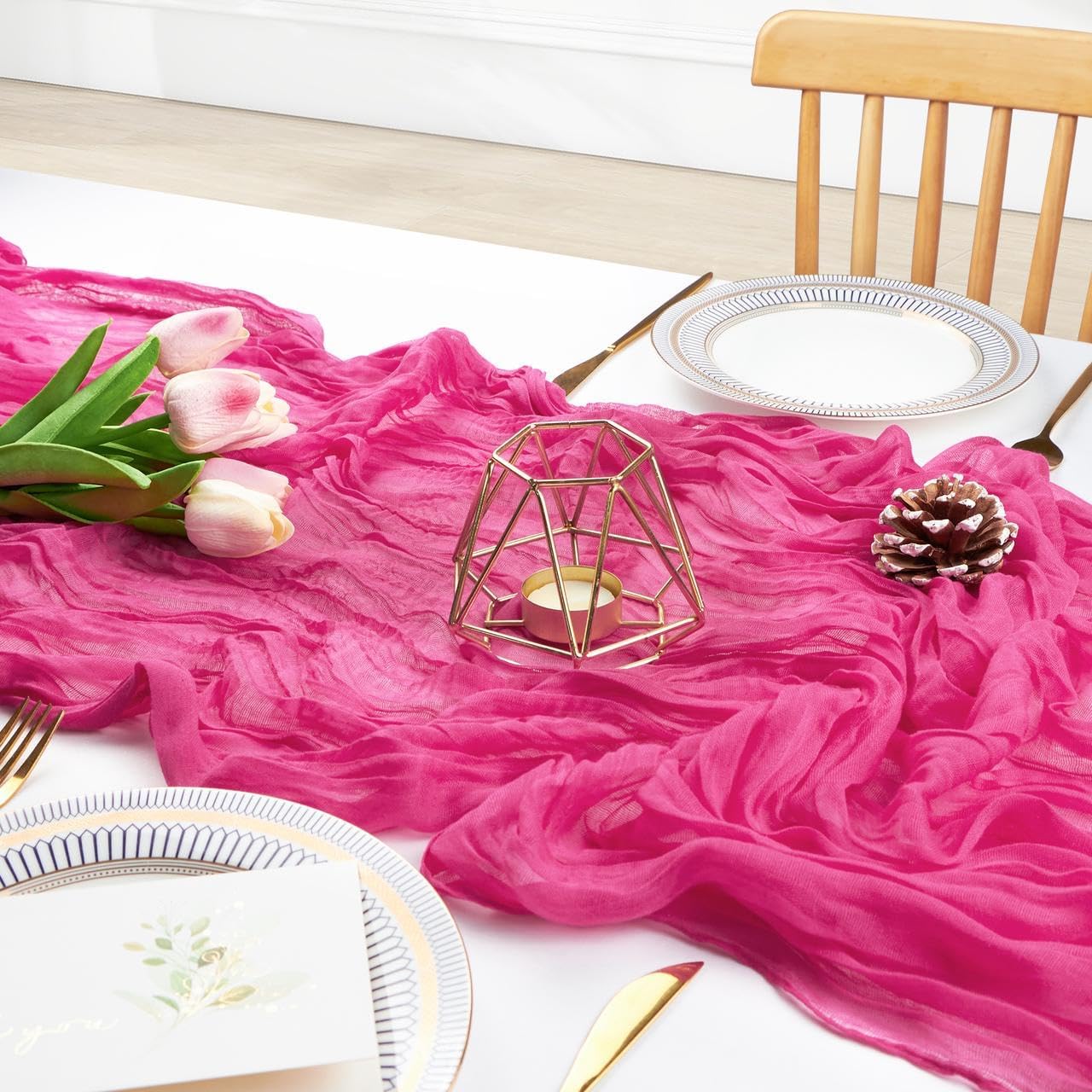 FEXIA Rose Red Table Runner 35x120 Inches for Baby Shower Decoration Gauze Rustic Table Runner for Wedding Party First Communion Centerpiece Engagement Bridal Shower Boho Decoration