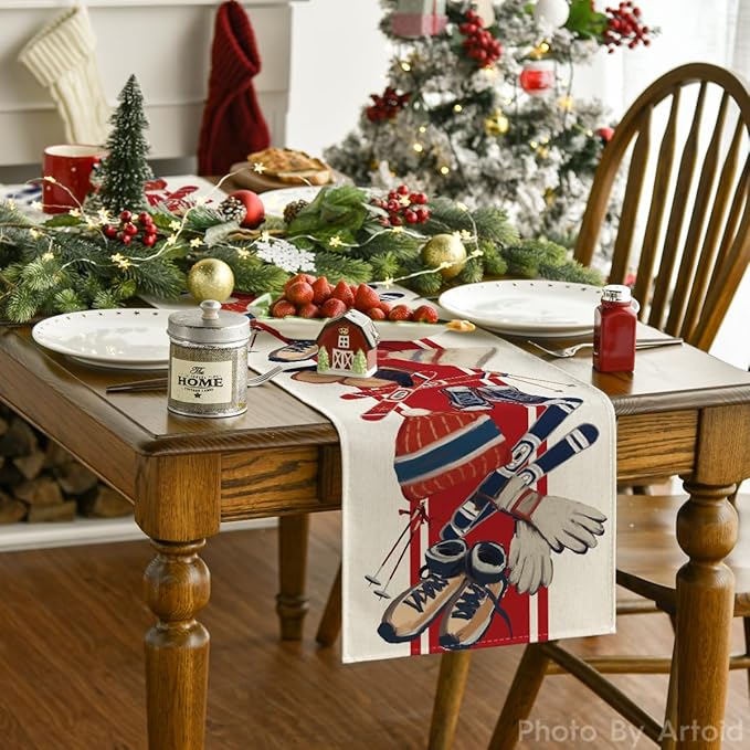 Artoid Mode Red Sleigh Snowboarding Christmas Table Runner, Seasonal Winter Holiday Kitchen Dining Table Decoration for Indoor Outdoor Home Party Decor 13x72 Inch