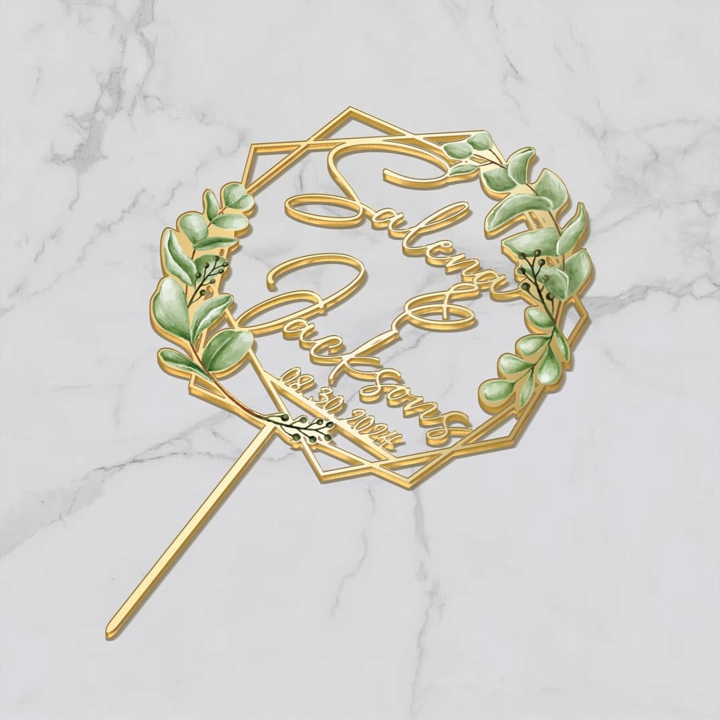Wedding Cake Topper with Green Leaves Custom Bride & Groom's Names and Wedding Date Personalized Geometric Cake Decoration in Acrylic and Wood