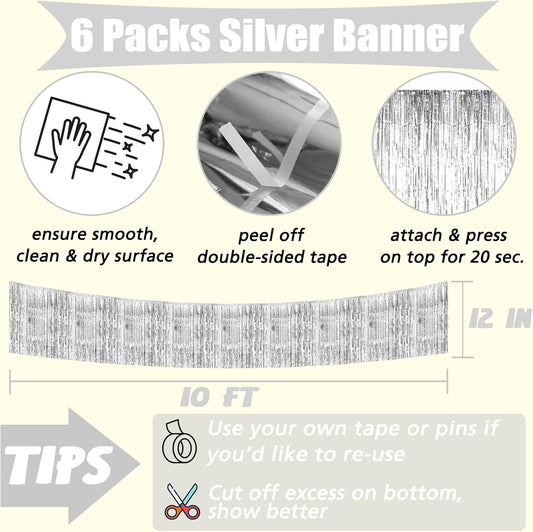 6 Pack 10 Feet 2024 New Year Foil Fringe Garland Metallic Tinsel Banner Wall Hanging Curtain Streamers Backdrop for Parade Floats Bachelorette Wedding Birthday Party Christmas Decorations(Silver)