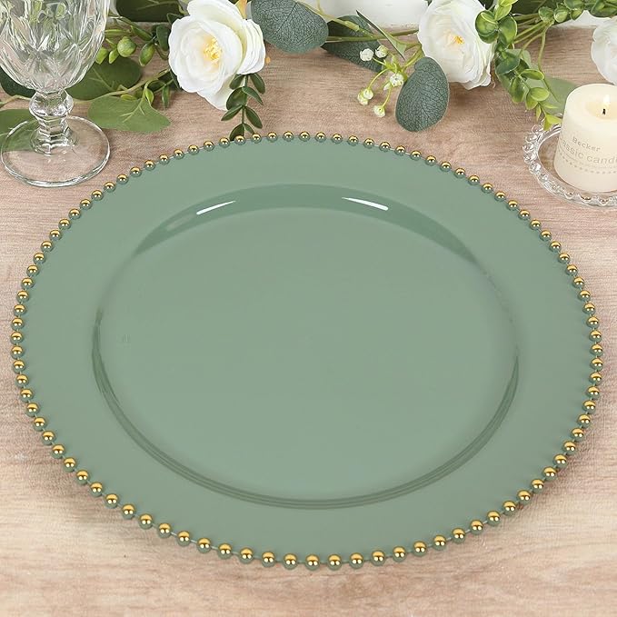 Efavormart 10-Pack Economy Plastic Charger Plates 13" Round Dusty Sage Green with Gold Beaded Rim - Stylish Dinner Party Serving Plates