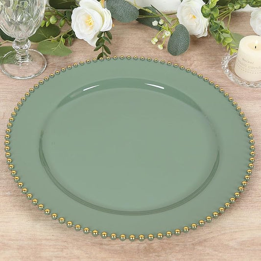 Efavormart 10-Pack Economy Plastic Charger Plates 13" Round Dusty Sage Green with Gold Beaded Rim - Stylish Dinner Party Serving Plates