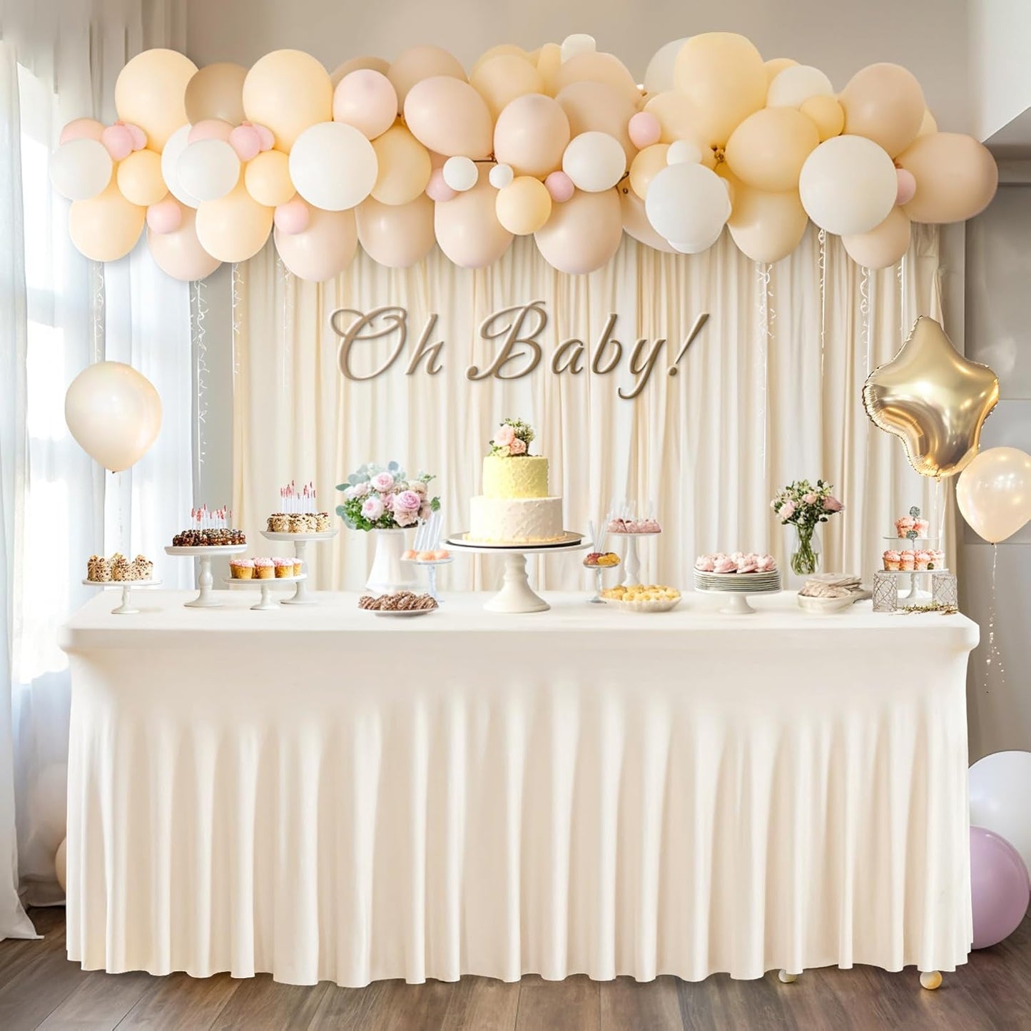 PARTISKY Ivory Spandex Tablecloth for 6ft Rectangle Tables, Stretchable Table Cover Skirt for Folding Tables Weddings Parties Banquets Events Trade Shows and Dessert Table