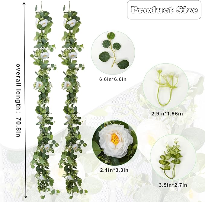 Artificial Eucalyptus Garland with Flowers White Roses 2PCS 11.8FT Faux Greenery Garland Fake Eucalyptus Leaves for Wedding Arch Farmhouse Mantle Table Runner Decor Centerpiece Home Party Decor