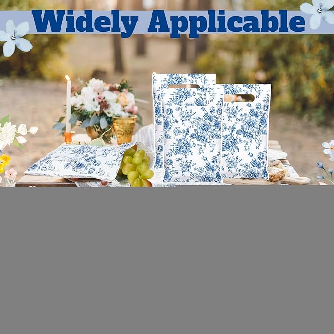Supervitae 100 Pcs Plastic Blue Floral Gift Bags Flower Party Favor Bags Bulk with Handles for Birthdays Weddings Bridal Baby Showers Snacks Goodie Candy Treat Tea Party Supplies