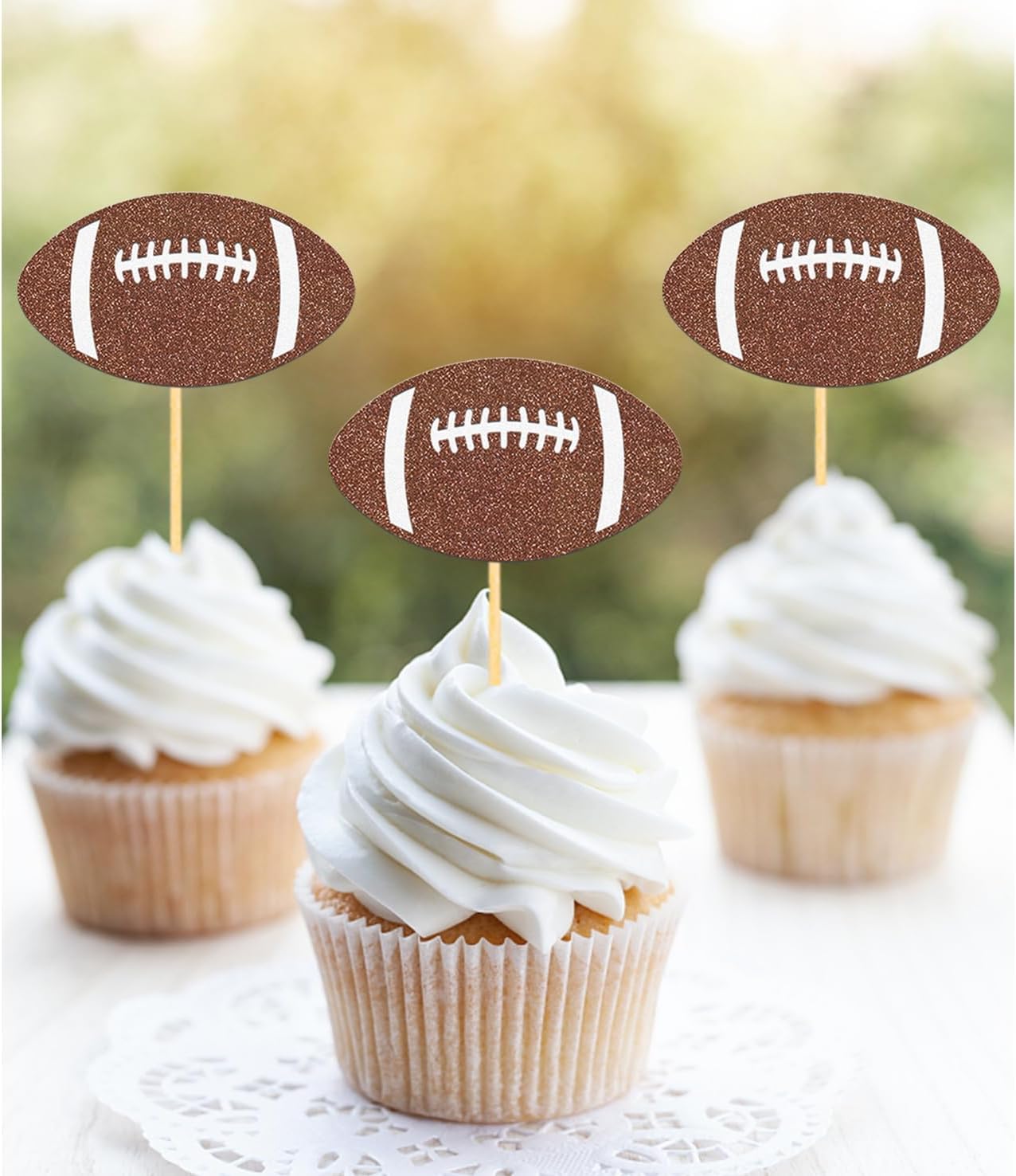 24pc Glitter Football Cupcake Toppers for Football Party, Baby Shower Decorations