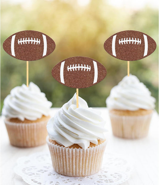 24pc Glitter Football Cupcake Toppers for Football Party, Baby Shower Decorations