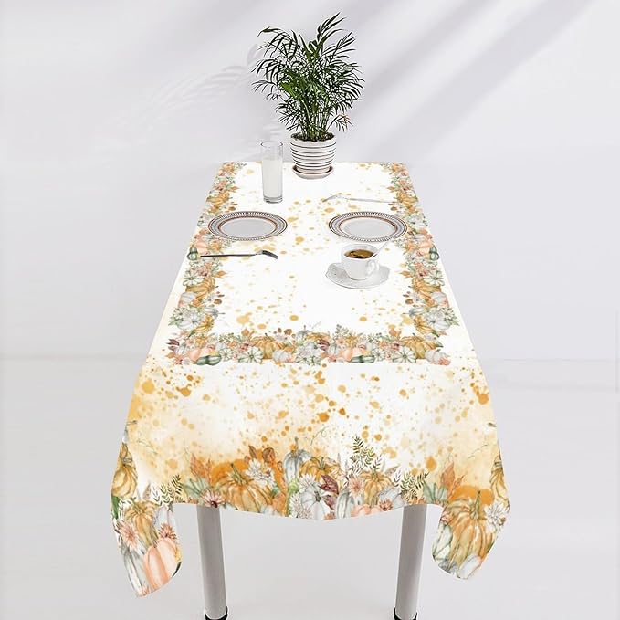 YCness Fall Tablecloth Thanksgiving Autumn Harvest Orange Watercolor Pumpkin Leaves Table Cover for Party Picnic Dinner Decor 60x120 Inch Rectangle