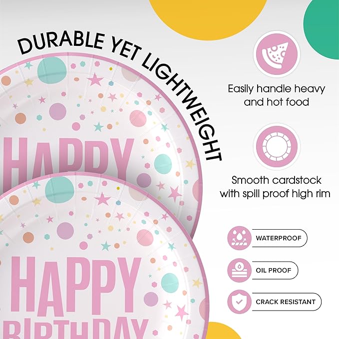 Exquisite Pink Birthday Paper Plates Disposable Heavy Duty 100 Pcs - 50-7" & 50-9" Pink Birthday Plates For Party Heavy Duty Paper Plate 350 GSM Party Supplies Plate Set