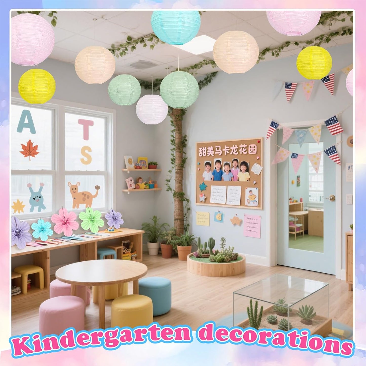 18Pcs Pastel Classroom Decor Kit, Pastel Paper Lanterns Paper Flowers Fans for Women Girls Spring Birthday Wall Baby Shower Wedding Party Rainbow Classroom Decorations