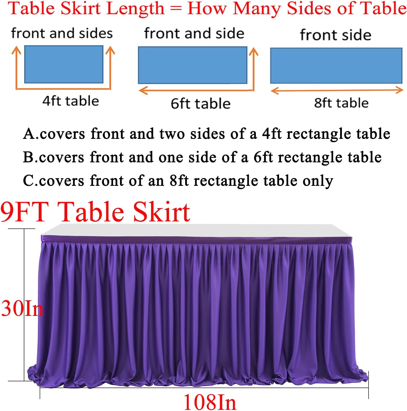 9ft Purple Table Skirt for Rectangle Tables Polyester Table Skirt Desk Skirts Ruffle Table Skirt Cloth for Birthday Party Banquet Purple Theme Party Wedding Bridal Shower Table Skirts