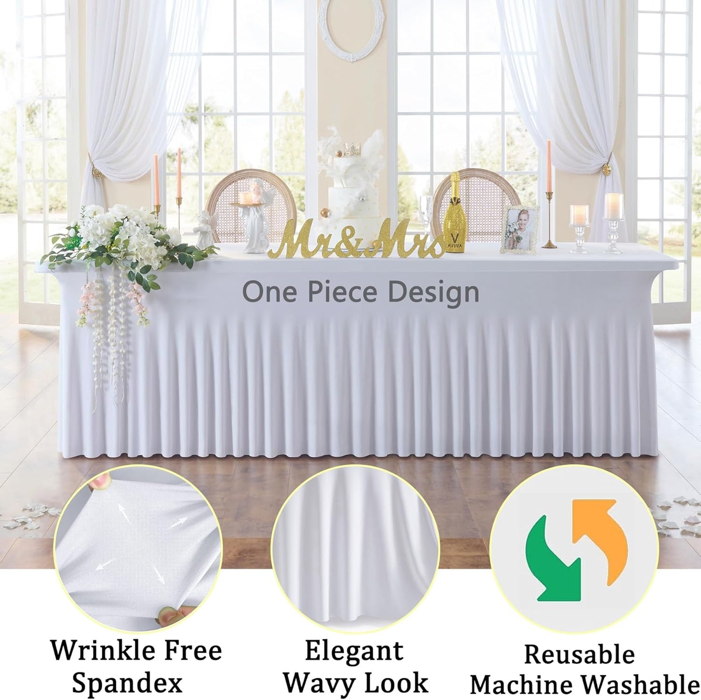 4pack White Spandex Tablecloths 8ft for Rectangle Tables, Wrinkle Free Classy Table Skirt Stretchy 8 Foot Fitted Table Cloths Covers for Weddings Birthday Party Events Banquette Baby Shower