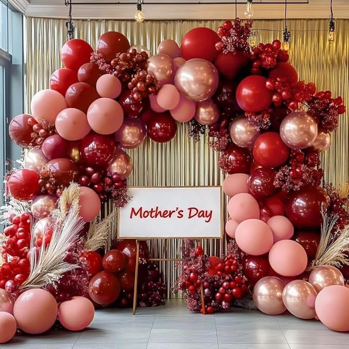 Red Pink Balloon Garland Double Stuffed Burgundy Pink Balloons Dark Red Maroon Rose Gold Balloon Arch Kit for Birthday Bridal Wedding Birthday Mother's Day Graduation Party Decoration