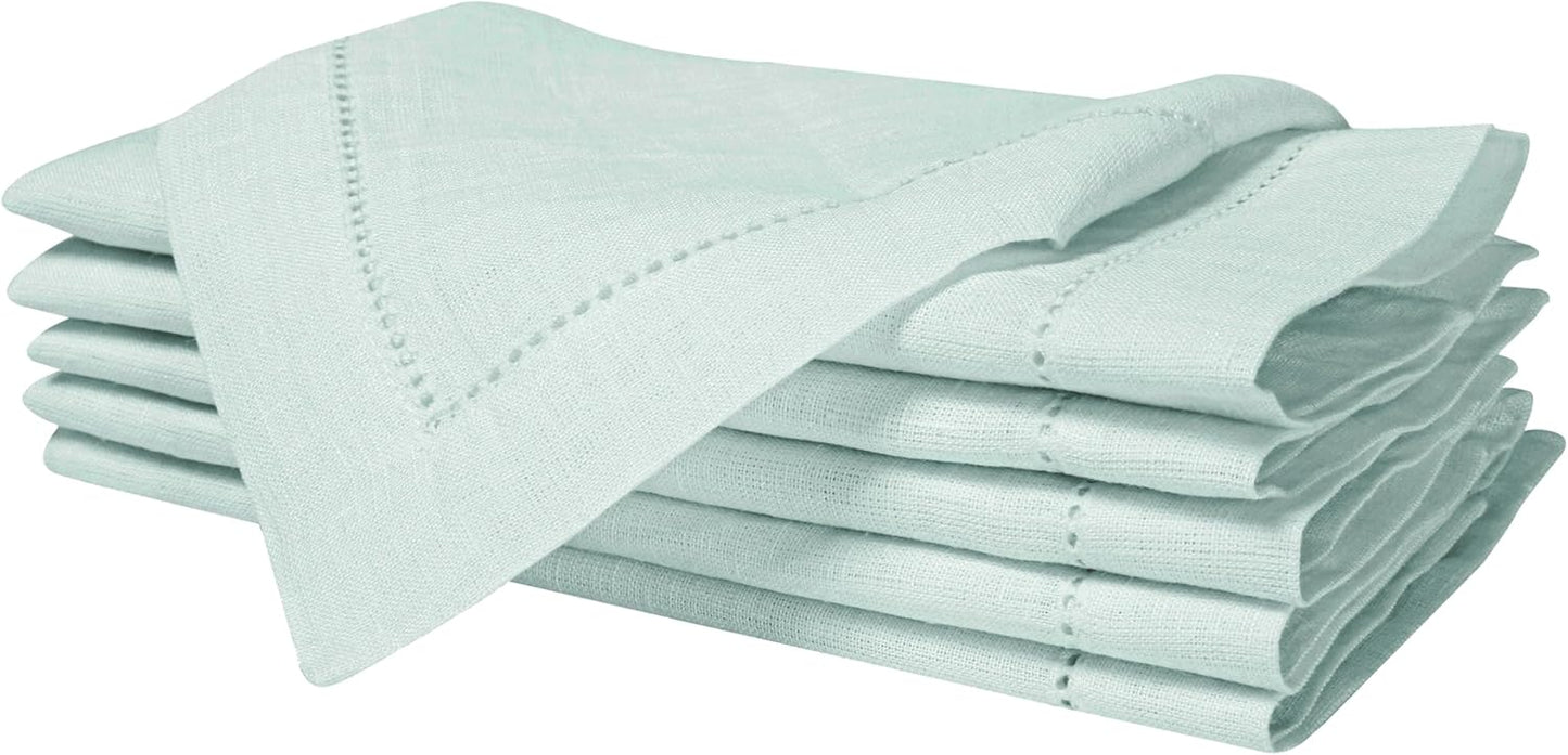 BEDDING CRAFT Set of 4 Hemstitch Pastle Blue Cloth Dinner Napkins 100% Linen - Soft Durable Washable -Ideal for Events Wedding Christmas Thanksgiving Newyear-Perfect Everyday Use Table Linen 18x18.