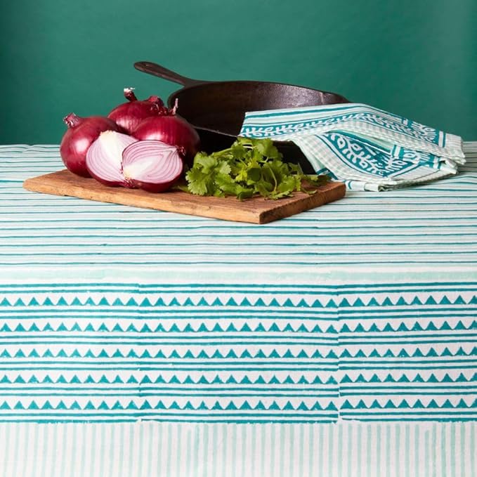 Block Print Cotton Dining Table Cloth, 90" x 60", Rectangle Tablecloth, Decorative Fabric Table Cover, Holidays, Thanksgiving, Christmas, Weddings, Housewarming Gift (White Teal Triangles)