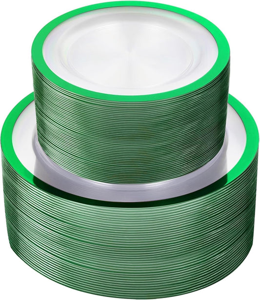U-QE 120PCS Christmas Plates Disposable - Green Plastic Plates Disposable Heavy Duty- Holiday Plate Include 60 10” Dinner and 60 7” Dessert Platos, Perfect for Christmas, Party, Wedding