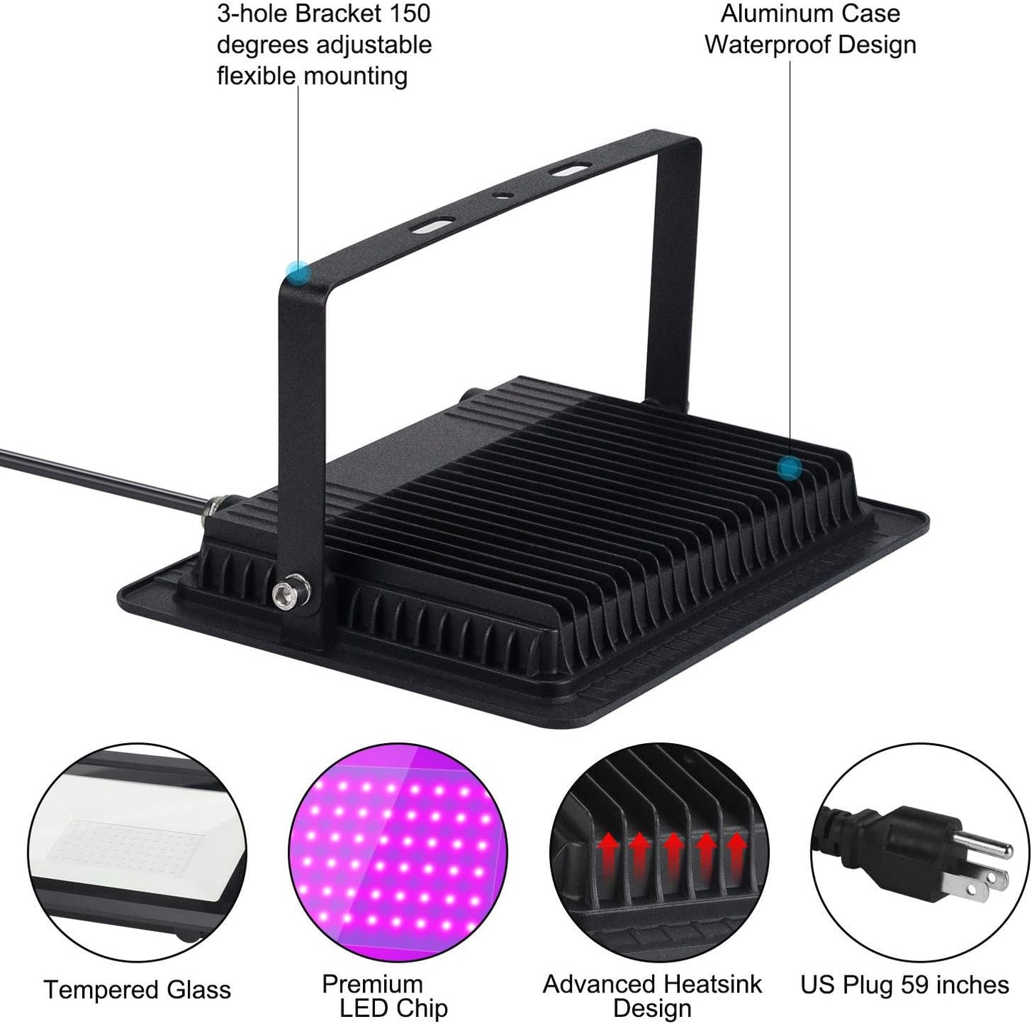 Black Lights 100W LED Black Purple Lights Flood Light with Plug(6ft Cable) for Blacklight Party, Stage Lighting, Aquarium, Body Paint, Fluorescent Poster, Neon Glow in The Dark Night