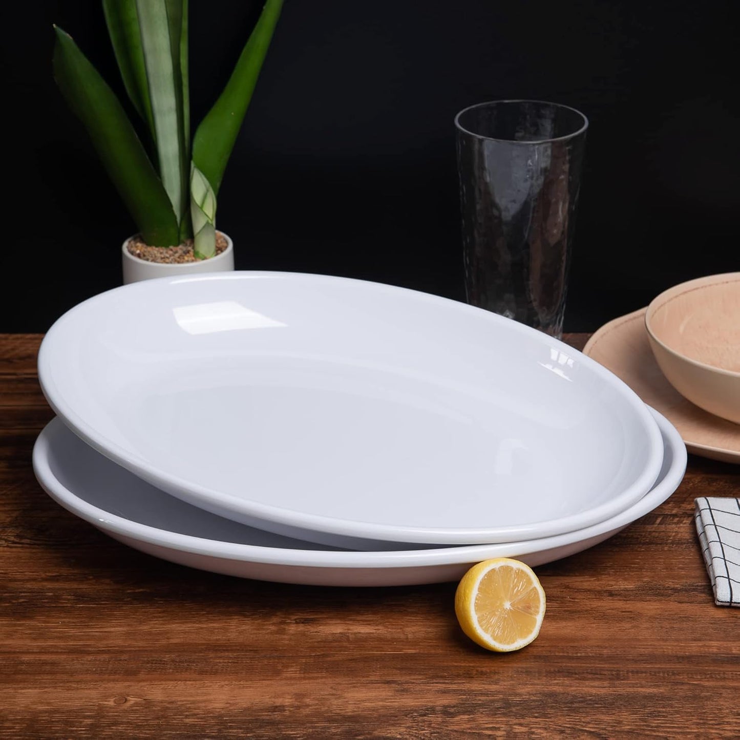 KOXIN-KARLU Melamine Large Serving Platter, 16-inch Oval Serving Plates, White Serving Tray for Entertaining Party, 100% Melamine Serving Dish for Appetizers Meat Food, Set of 2