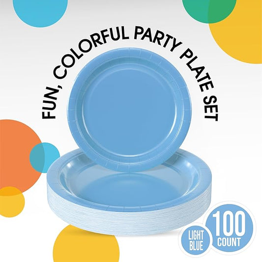 Exquisite Light Blue Paper Plates Disposable Heavy Duty 100 Pcs - 50-7" & 50-9" Light Blue Disposable Plates For Party Heavy Duty Paper Plate 350 GSM Birthday Party Supplies Plate Set