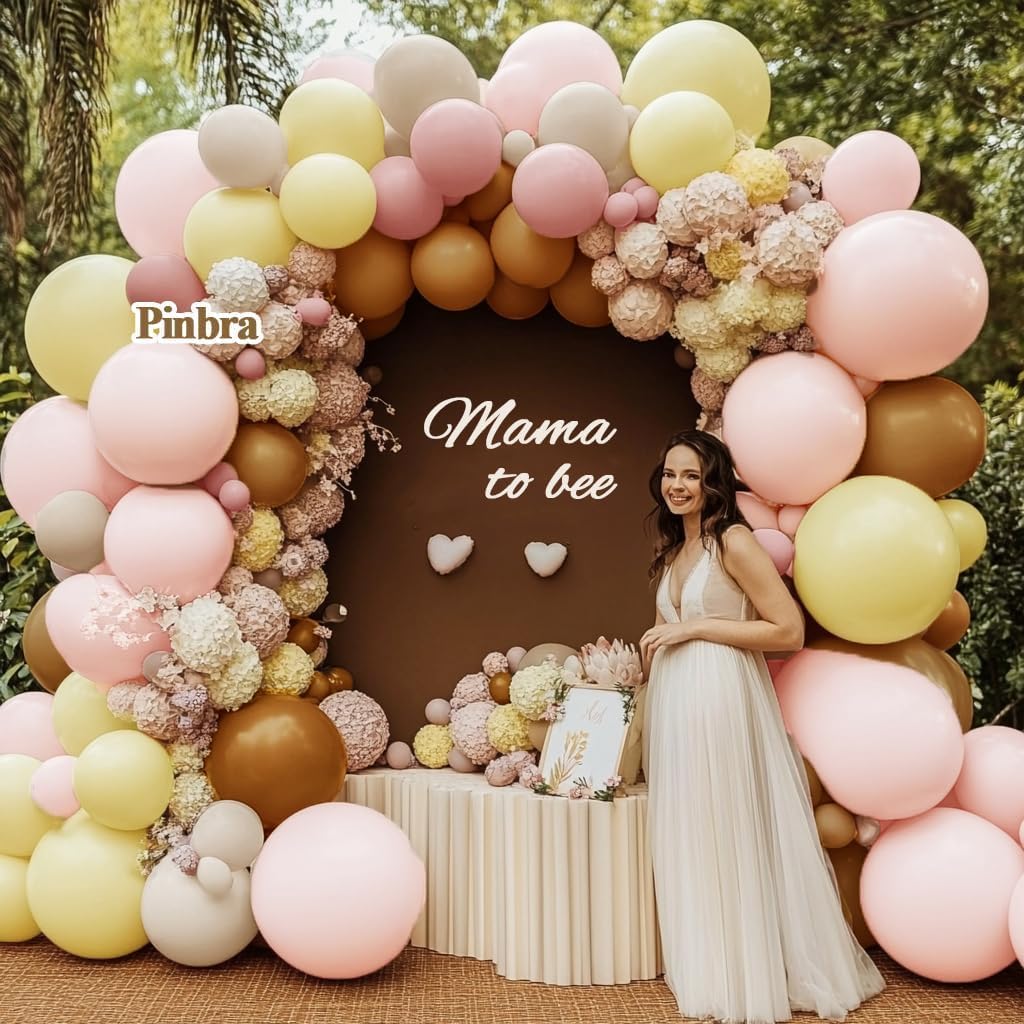 Pink Yellow Brown Balloon Garland Double Stuffed Pastel Light Pink Yellow White Sand Balloons Balloon Arch Kit for Birthday Baby Shower Wedding Bee Bear Theme Fall Party Decorations