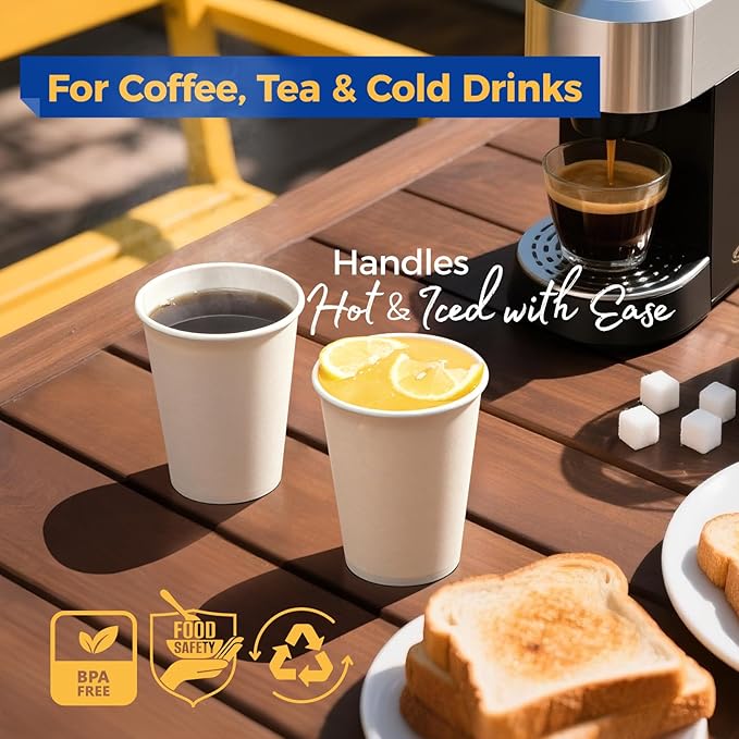 Fit Meal Prep 100 Pack 12 oz Disposable Paper Coffee Cups, Premium Hot Cups for Hot/Cold Beverage, Durable Thickened White Paper Cup Bulk for Party, Office, Bussines, Cafes, Bistros, Daily Use