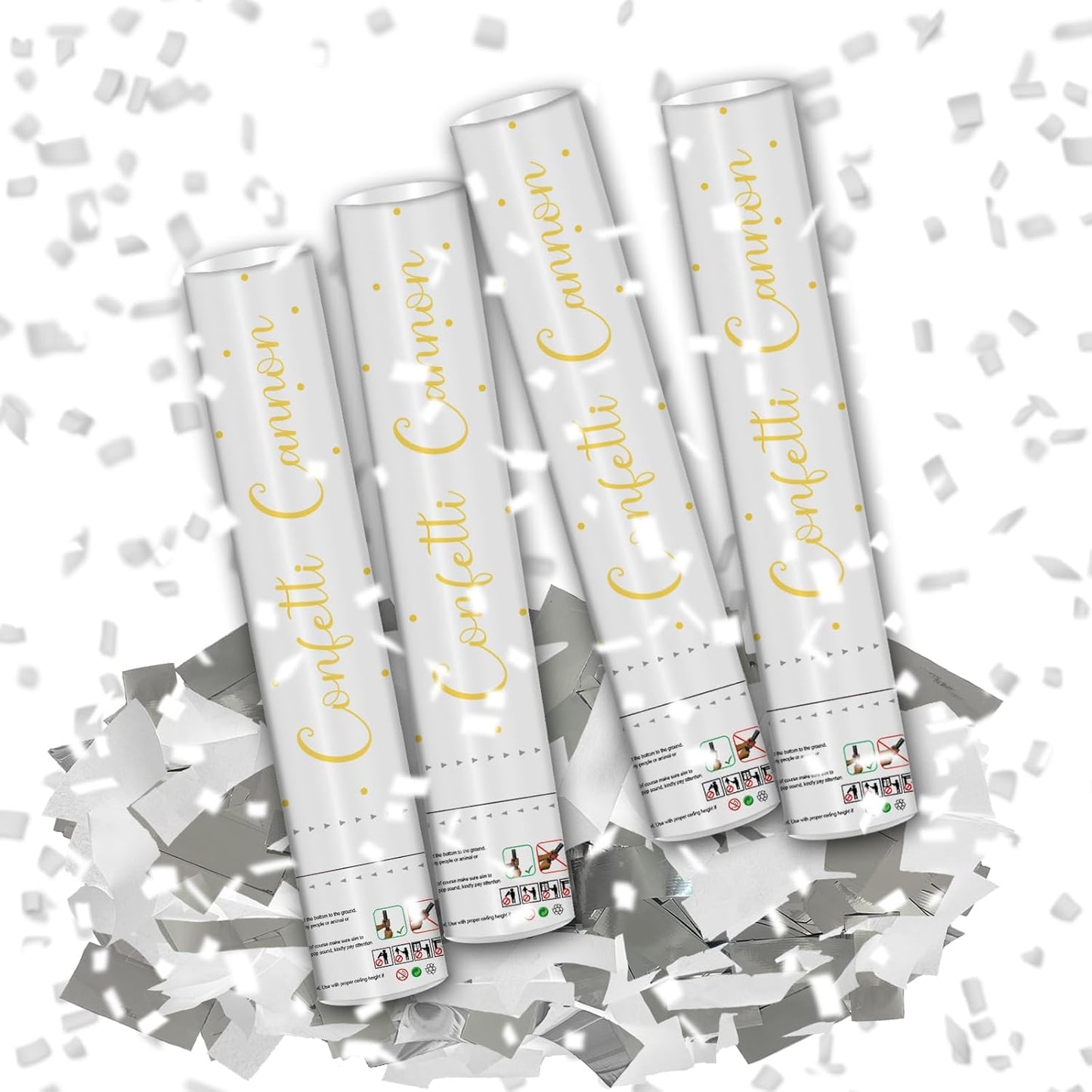 12" Silver & White Confetti Cannons - Party Poppers for Birthday Graduation Retirement Wedding New Year Celebrations - Easy to Use - Pack of 4