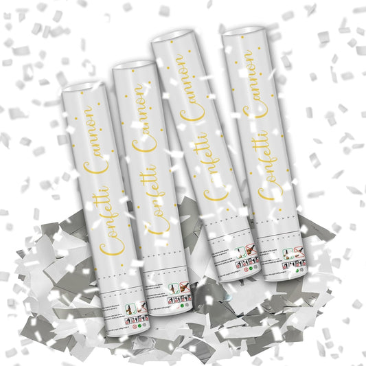 12" Silver & White Confetti Cannons - Party Poppers for Birthday Graduation Retirement Wedding New Year Celebrations - Easy to Use - Pack of 4