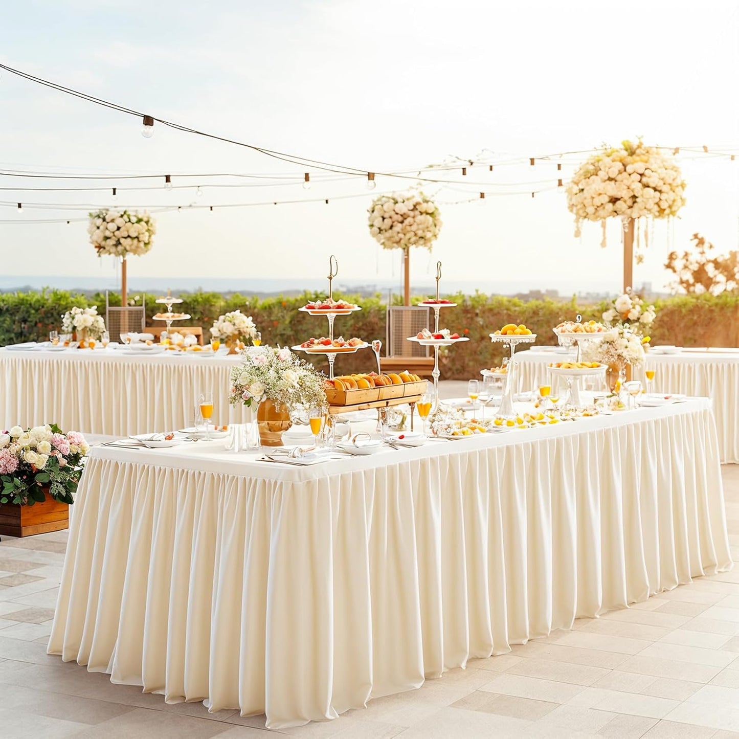 Light Champagne Polyester Table Clothes for 8 Foot Rectangle Tables, Wrinkle Free Fitted Table Cover with Pleated Ruffle Table Skirt for Birthday Party Wedding Trade Show Event Display