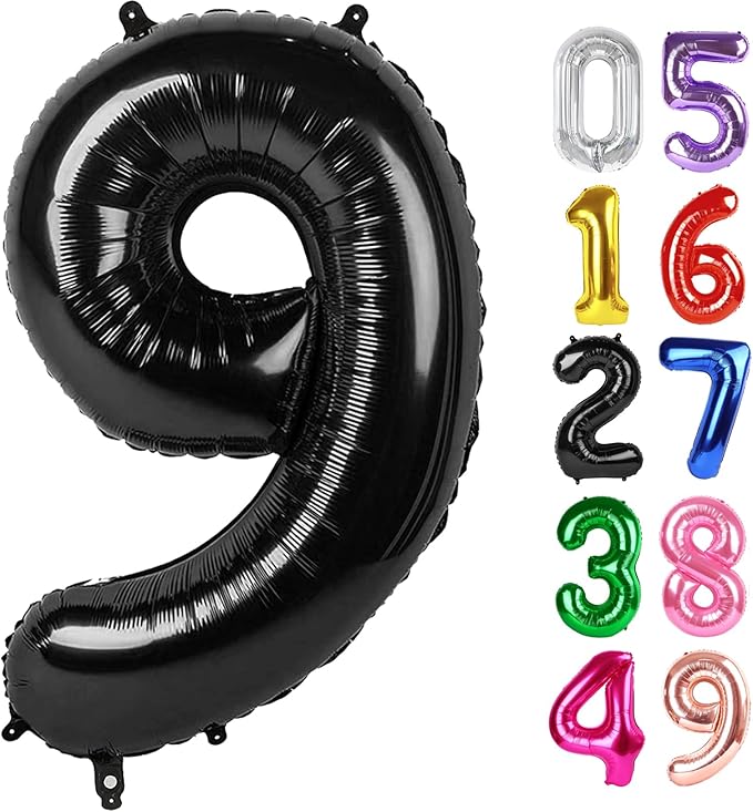 Black Number 9 Balloon 40 Inch, 9th Birthday Party Decorations for Children, Giant 9 Foil Balloon for Party Supplies