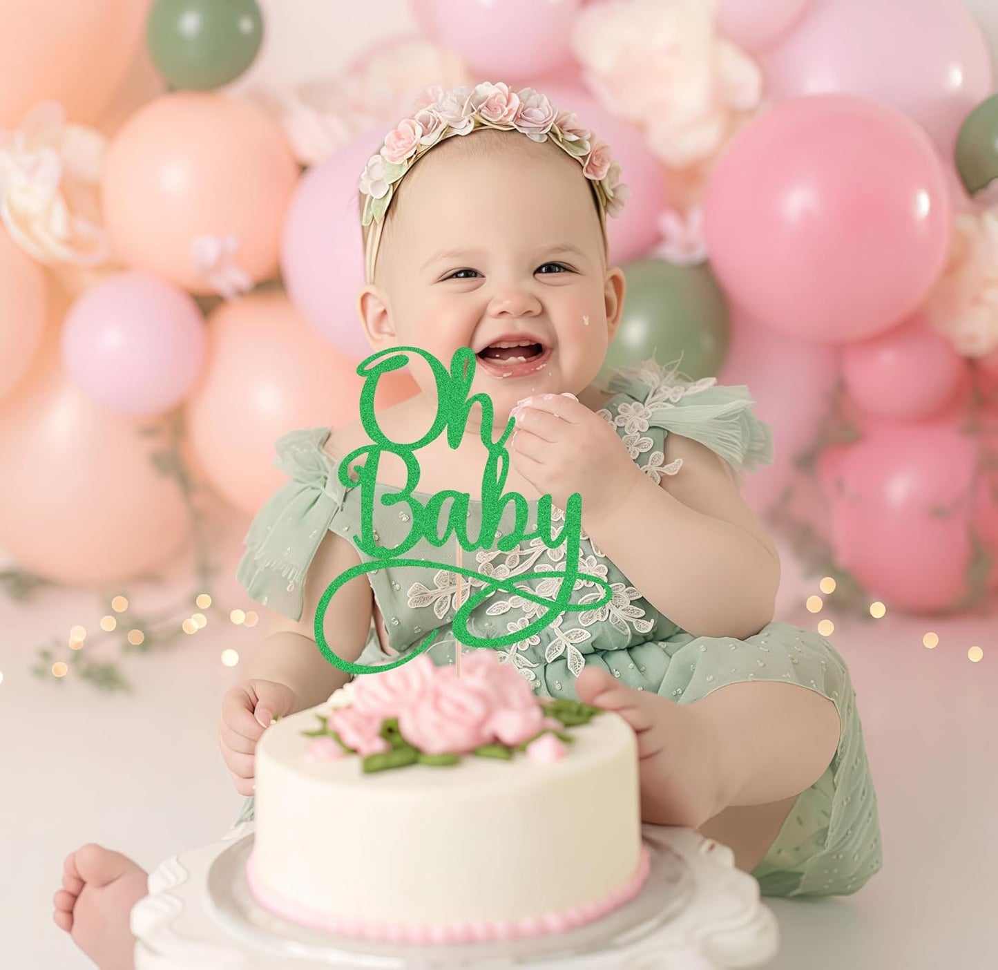 Oh Baby Cake Topper - Green Glitter Baby Birthday Party Cake Decoration Supplies, for Baby Shower/Gender Reveal Party Photo Booth Props
