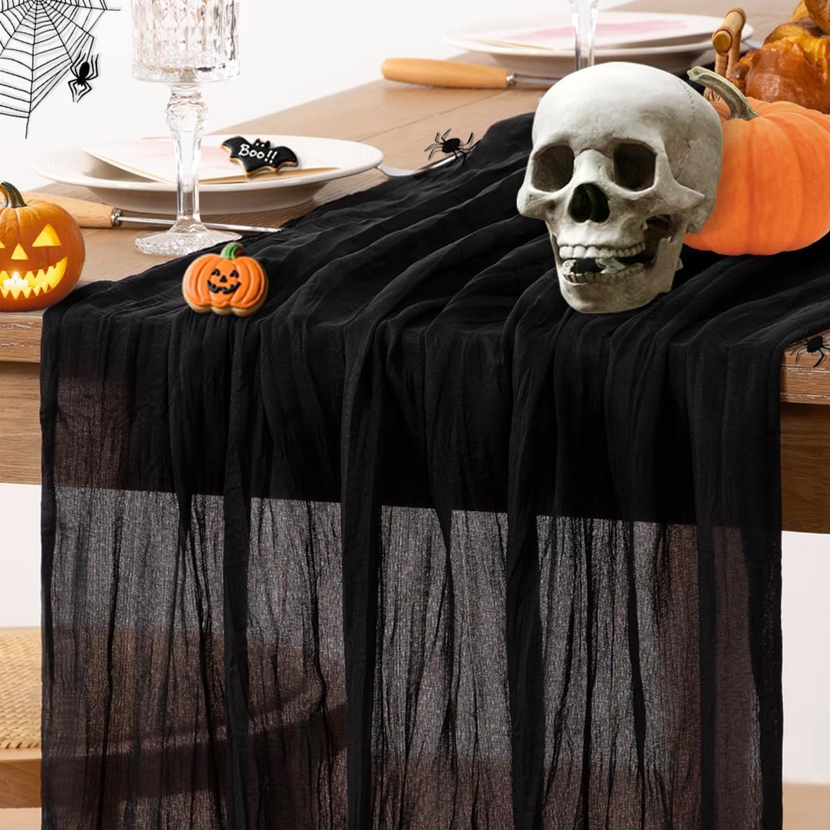 MLMC 3 Pack Black Halloween Table Runner 10ft Rustic Gauze Cheesecloth Table Runner 35x120 Inches Cheese Cloth Centerpiece for Fall Wedding Party Bridal Shower Anniversary Events Halloween Decor