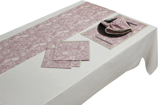 Indtresor Indian Heritage Fabric Cotton Table Linen Reversible Set Runner Napkins Mats in Pink Beige