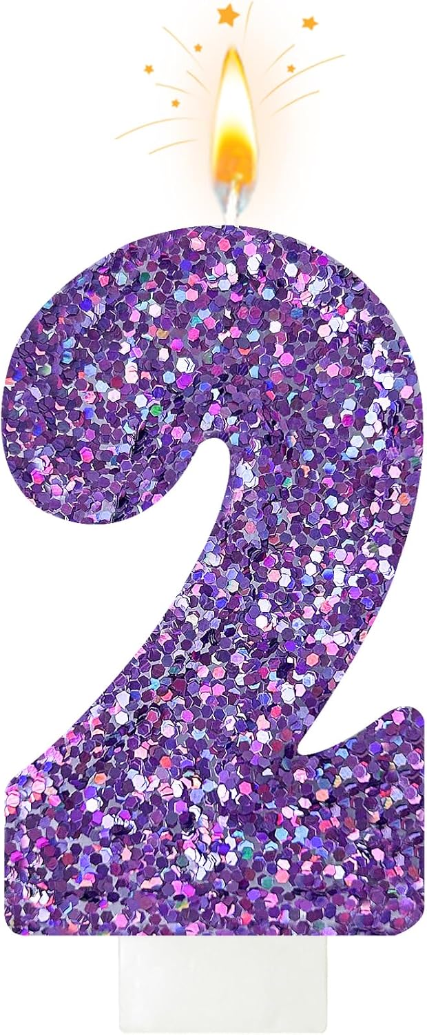 Birthday Number Candles, Glitter Number Candle Cake Decorations with Sequins, Cupcake Decorations for Girls, Women, Party Anniversary Celebrations (Number 2, Purple)