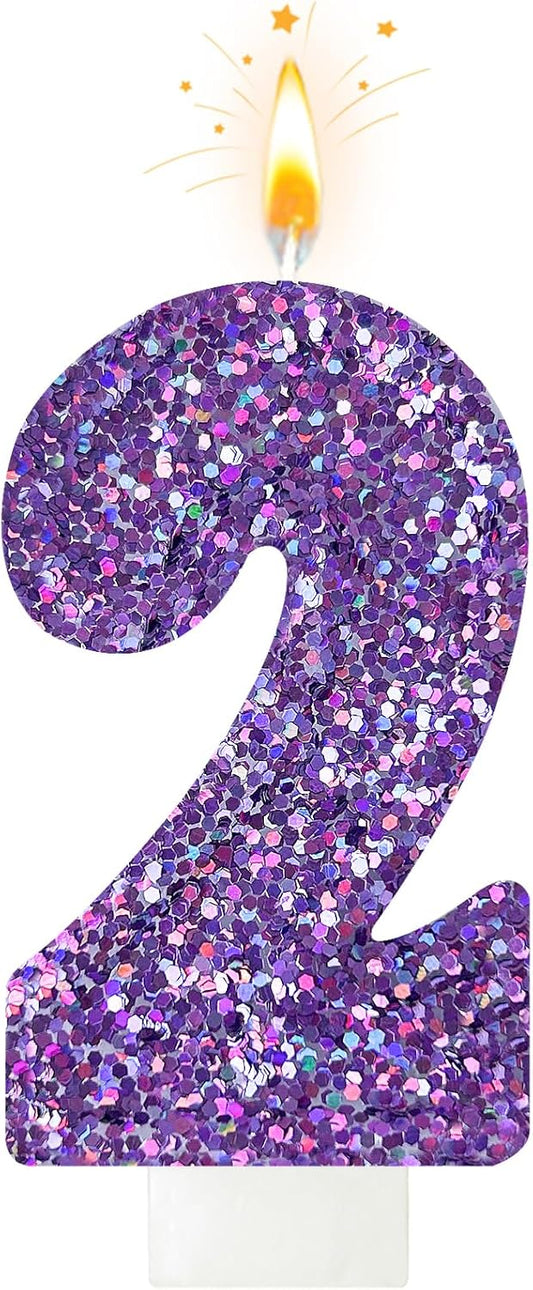 Birthday Number Candles, Glitter Number Candle Cake Decorations with Sequins, Cupcake Decorations for Girls, Women, Party Anniversary Celebrations (Number 2, Purple)