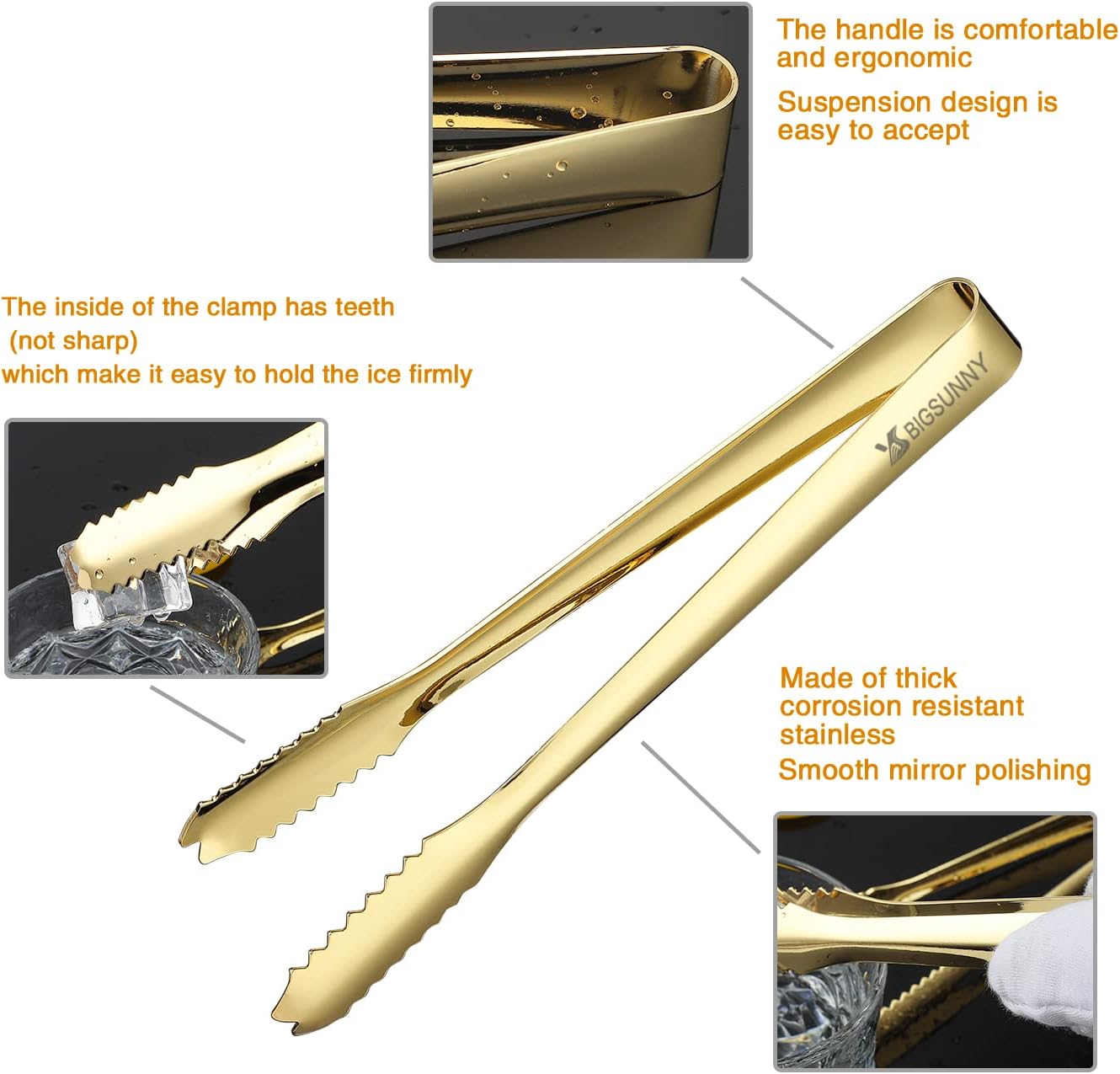 MSY BIGSUNNY 7 Inch Ice Tongs, Thickened Stainless Steel Sugar Cube Serving Tongs with Teeth for Tea, Party, Coffee, Bar, Food - Set of 2, Golden