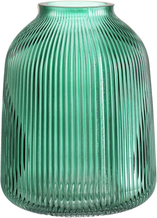 Green Glass Vase, Large Vase for Flowers, Flower Vases for Bouquet, Ribbed Glass Vases for Living Room, Bathroom, Dining Table, Office, Wedding, Centerpieces, 8 Inches
