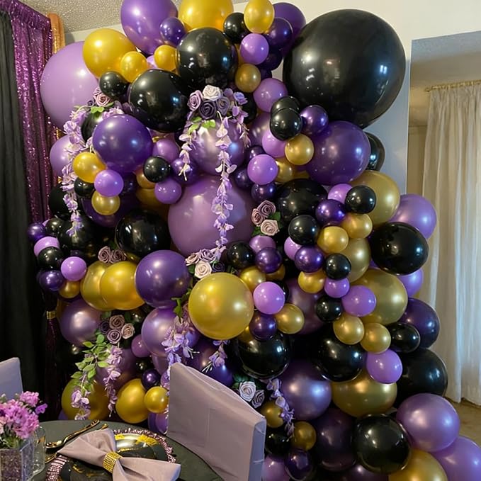 Purple and Gold Balloons, 12 Inch Black Purple and Gold Confetti Balloons for Graduation Prom Halloween Baby Shower Wednesday Retirement Birthday Party Decorations