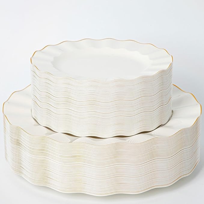 HIGH END 100 Pcs Ivory Wave Plastic Plates with Gold Trim, Fancy Disposable Plate Sets Include 50 Dinner & 50 Dessert Plastic Plates, Elegant Disposable Plate Set For Party, Thanksgiving (50 Guests)