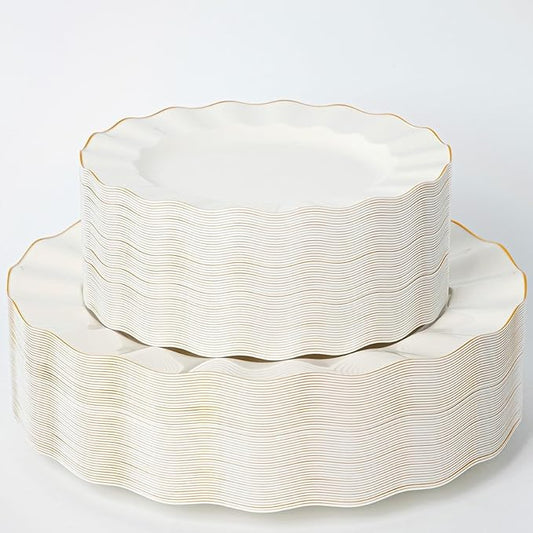 HIGH END 100 Pcs Ivory Wave Plastic Plates with Gold Trim, Fancy Disposable Plate Sets Include 50 Dinner & 50 Dessert Plastic Plates, Elegant Disposable Plate Set For Party, Thanksgiving (50 Guests)