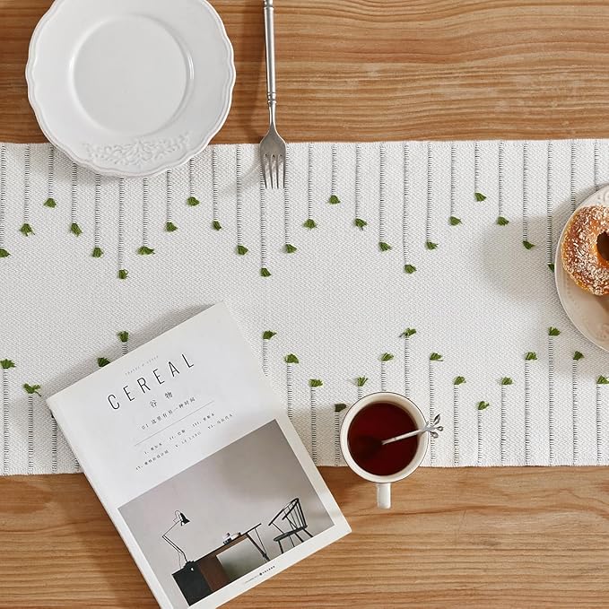 Wracra Boho Table Runner, Natural Cotton Woven Macrame Table Runners 60 Inches Long for Modern Farmhouse Woven Home Decor, 14x60 Inch, Green