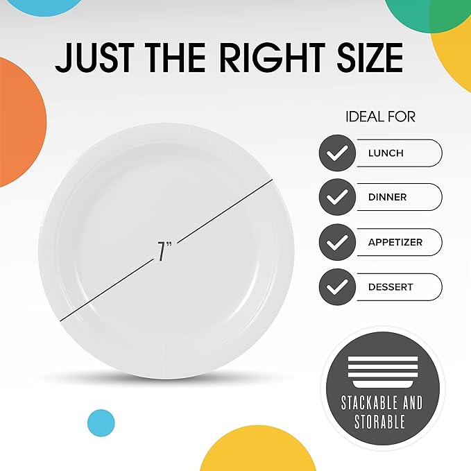 Exquisite Party Solids White Paper Plates Disposable Heavy Duty 7 Inch White Disposable Plates For Party 100 Pcs Heavy Duty 350 GSM, Birthday Supplies