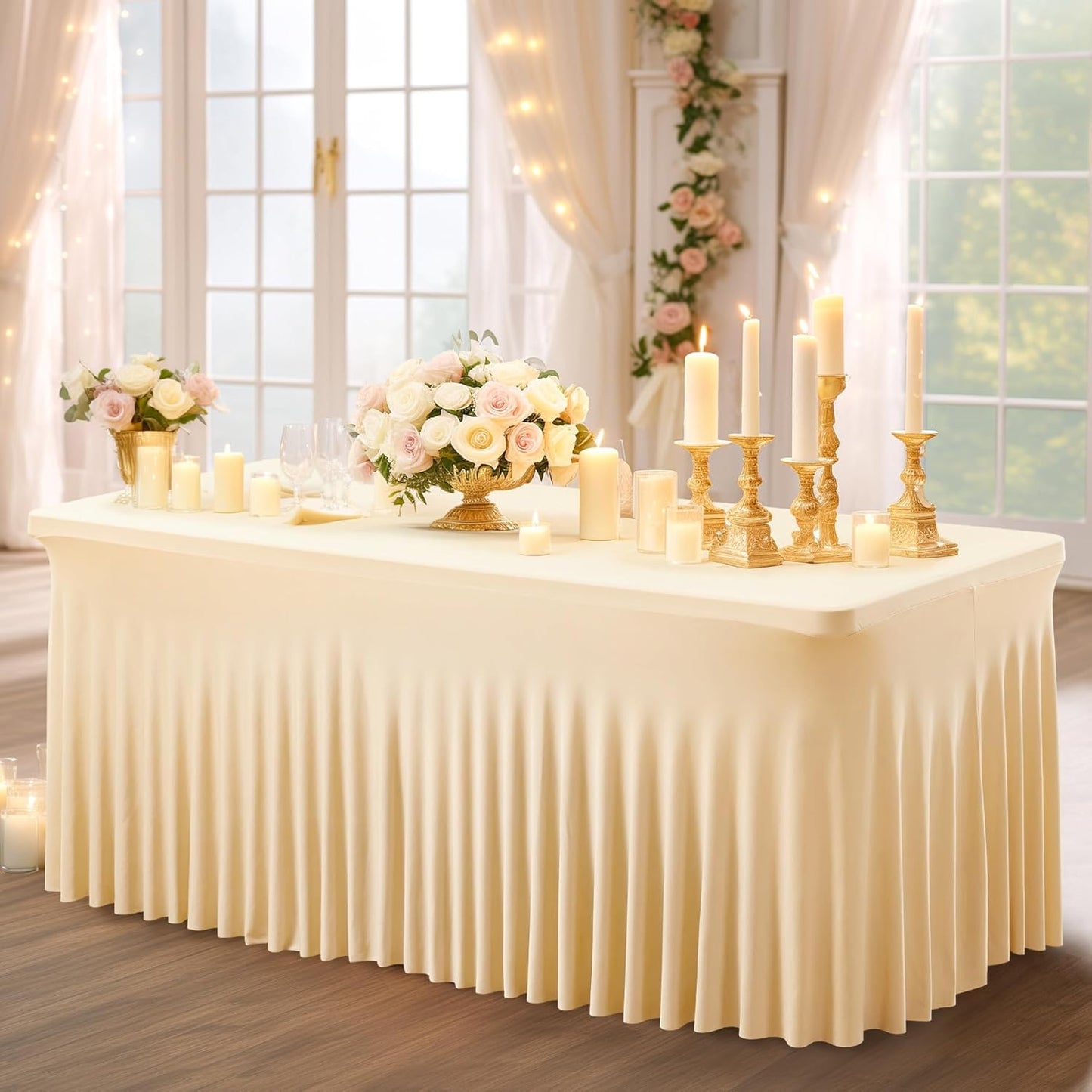 PARTISKY Champagne Spandex Tablecloth for 8ft Rectangle Tables, Stretchable Table Cover Skirt for Folding Tables Weddings Parties Banquets Events Trade Shows and Dessert Table