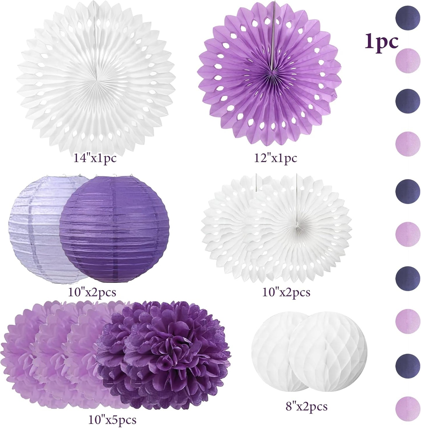 Purple and White Party Decorations Lavender Paper Fans Paper Lanterns Pom Poms Flowers for Baby Shower Birthday Wedding Engagement Party