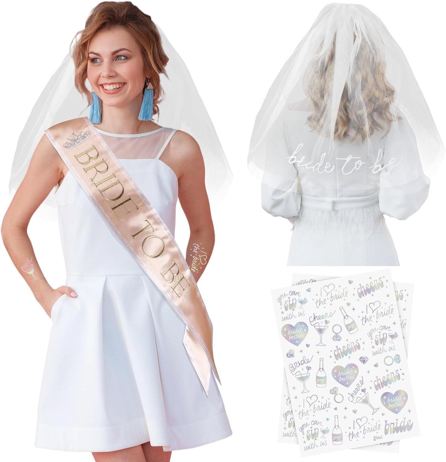 Luxury Bride to Be Sash Set – Embroidered Sash with Colored Trim, Embroidered Veil & Temporary Tattoos – Bridal Shower Hen Night Bachelorette Party Accessories