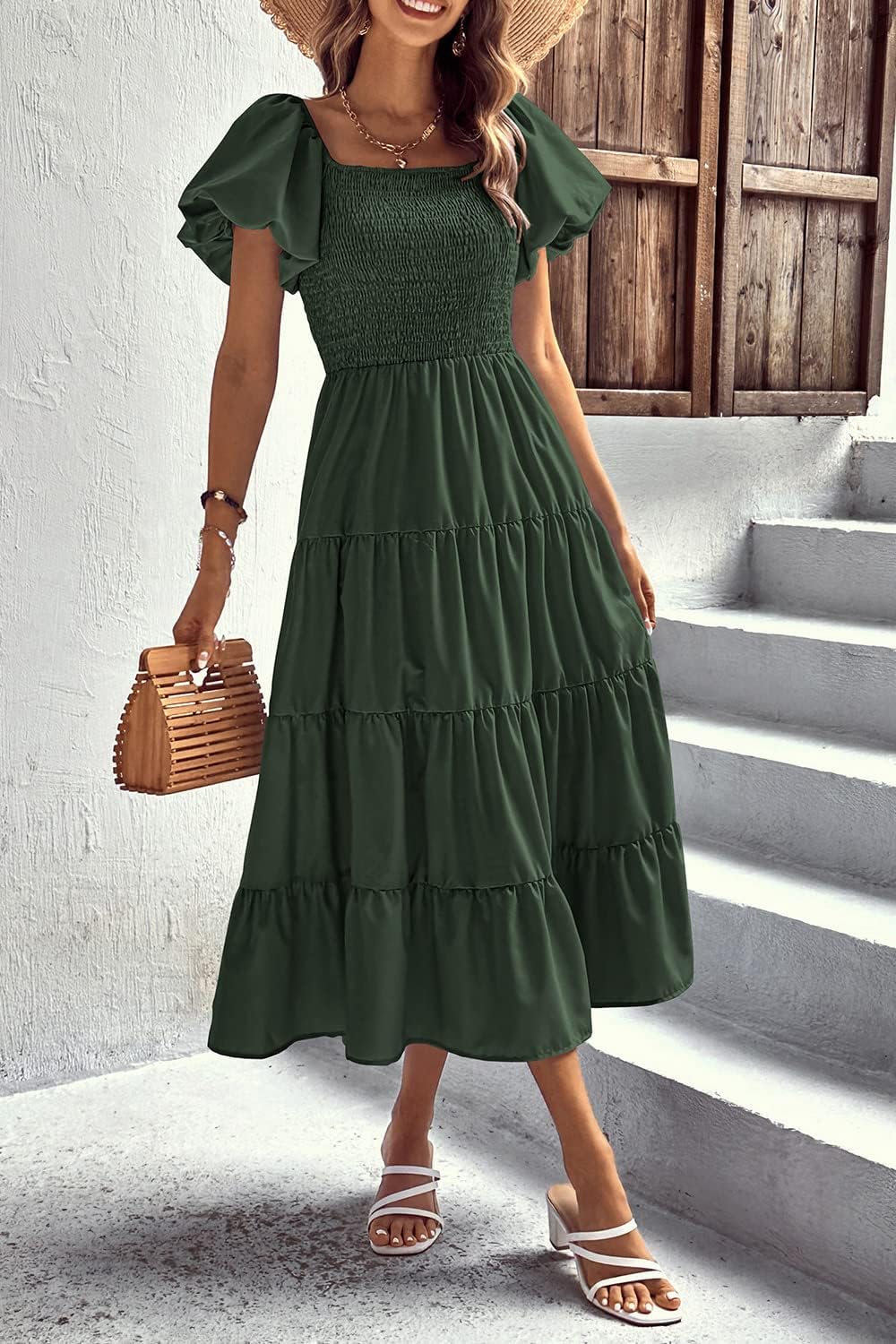 PRETTYGARDEN Women's Casual Summer Midi Dress Puffy Short Sleeve Square Neck Smocked Tiered Ruffle Dresses