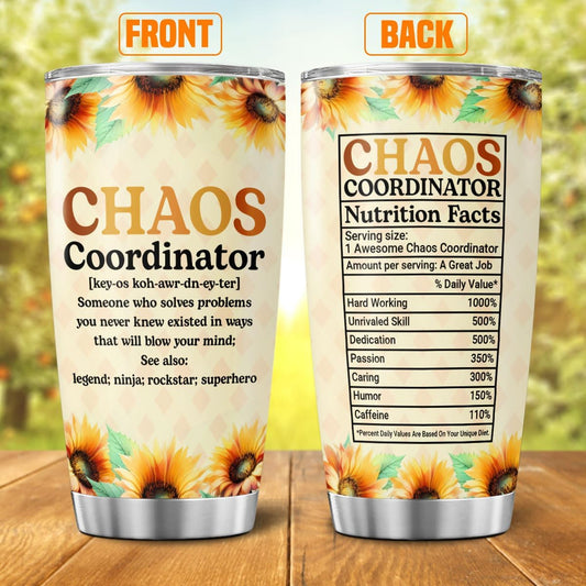 Chaos Coordinator Gift for Women with Sunflower Design, 20oz Stainless Steel Insulated Tumbler for Coworkers, Bosses, Teachers, Moms, Appreciation Birthday Thank You Present